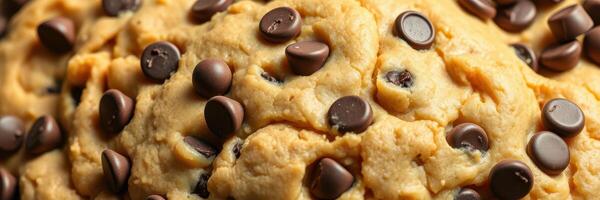 Freshly made chocolate chip cookie dough prepared for baking at a cozy kitchen photo
