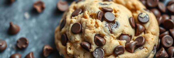 Freshly baked chocolate chip cookie dough scattered around on a black surface with chocolate chips photo