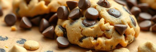 Baking chocolate chip cookies with dough and chocolate pieces on a countertop photo