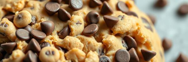 Delicious cookie dough topped with chocolate chips ready for baking in a cozy kitchen setting photo