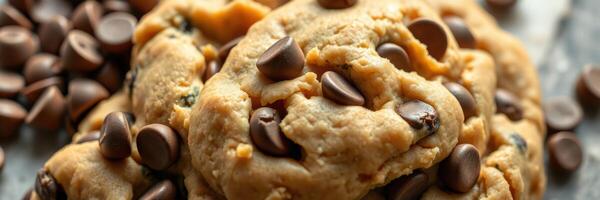 Chocolate chip cookie dough with chocolate chips and nuts on a baking tray in a kitchen environment photo