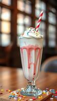 Delicious milkshake topped with whipped cream and colorful sprinkles served in a vintage glass at a cozy cafe photo