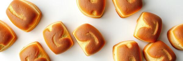 Freshly baked golden brown bread rolls arranged on a white surface photo