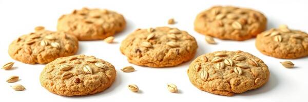 Freshly baked oatmeal cookies arranged on a clean surface with scattered oats photo