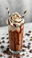 Delicious chocolate milkshake topped with whipped cream and chocolate drizzle served in a tall glass photo