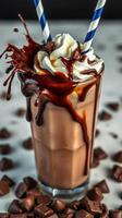 Decadent chocolate milkshake topped with whipped cream, chocolate drizzle, and decorative straws photo