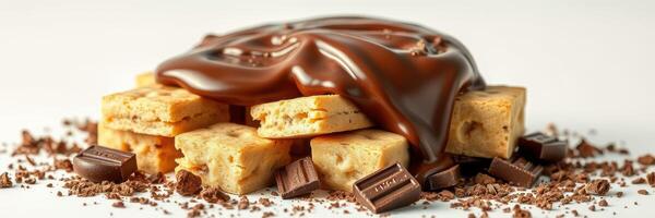 Delicious dessert with chocolate drizzled over cookie squares and pieces of dark chocolate photo