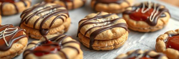 Homemade cookies topped with chocolate and jam displayed on a baking sheet photo