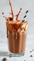 Delicious chocolate drink with swirling chocolate topping and a striped straw on a light background photo