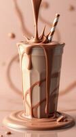 Delicious chocolate milkshake spilling over in a glass with a striped straw on a soft background photo