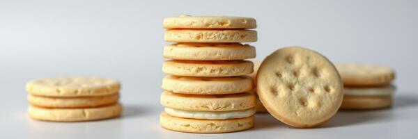 Stacked cream-filled cookies on a plain surface emphasizing their texture and shape photo