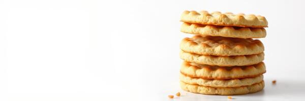 Delicious stack of homemade cookies on a clean white background for a treat or dessert idea photo