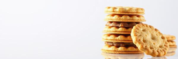 Stacked cookies with creamy filling on a plain background showcasing their delicious texture and design photo