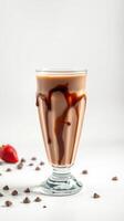 Delicious chocolate milkshake with chocolate drizzle and fresh strawberries on a white background photo