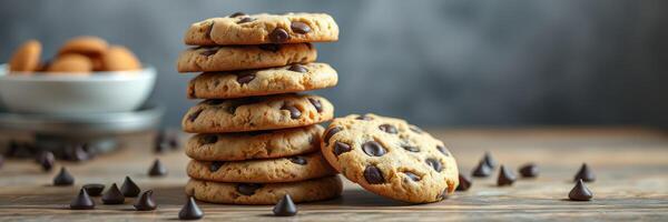 Freshly baked chocolate chip cookies stacked on a wooden table with chocolate chips scattered around photo