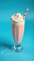 Delicious strawberry milkshake topped with whipped cream and colorful sprinkles served in a stylish glass photo