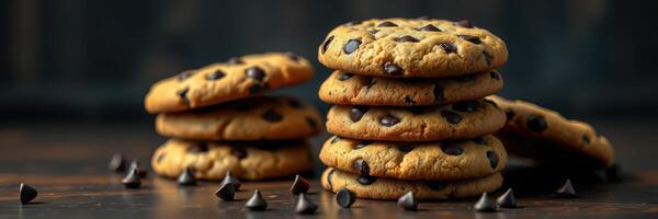Freshly baked chocolate chip cookies stacked with chocolate chips scattered on a rustic wooden table photo