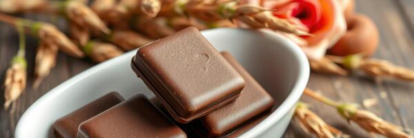 Delicious chocolate squares arranged in a white bowl surrounded by flowers and natural elements photo