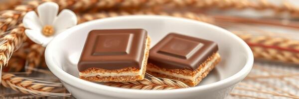 Savory chocolate treats on a white plate surrounded by golden wheat stalks photo