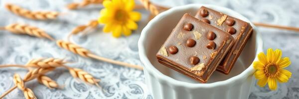 Delicious chocolate squares presented in a decorative bowl surrounded by flowers and wheat photo