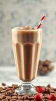 Chocolate milkshake in a vintage glass with a red and white straw surrounded by coffee beans and strawberries photo
