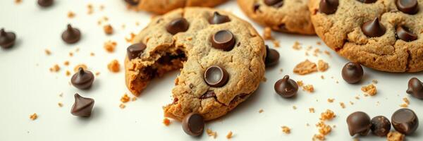 Freshly baked chocolate chip cookies with a bite taken out, placed on a white surface surrounded by chocolate chips photo