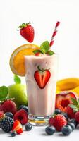 Fresh fruit smoothie in a glass with assorted berries and garnishes on a bright background photo
