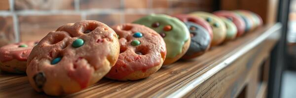 Colorful cookies lined up on wooden shelf in a cozy cafe during afternoon hours photo