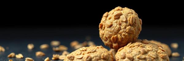 Cookies with oats arranged on a dark surface, showcasing texture and ingredients, perfect for a baking scene photo