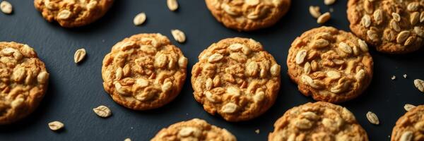 Freshly baked oatmeal cookies arranged neatly on a dark surface with scattered oats photo