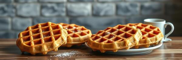 Freshly made waffles served with a cup of coffee on a rustic wooden table photo