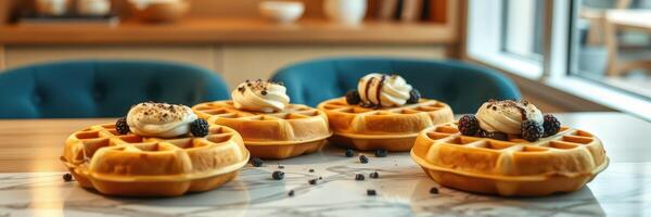 Delicious waffles topped with whipped cream and berries on a marble table in a cozy breakfast setting photo