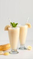 Smooth and refreshing banana smoothies served in tall glasses with mint garnish and sliced bananas on the side photo