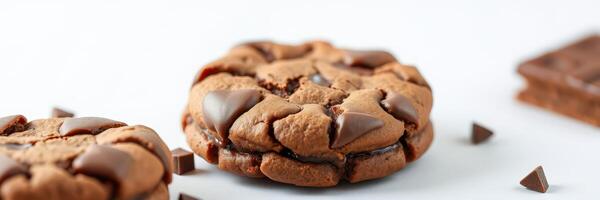 Soft and chewy chocolate cookies with melted chips on a white background perfect for dessert lovers photo