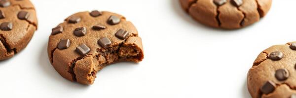 Delicious chocolate cookies with a bite taken out, freshly baked and ready to enjoy on a clean white surface photo