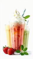 Delicious fruit smoothies in vibrant colors with whipped cream and fresh fruit garnishes photo