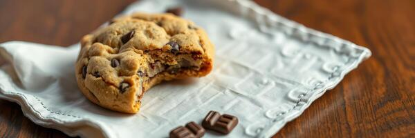 Delicious chocolate chip cookie with a bite taken out on a cloth napkin and dark chocolate pieces photo