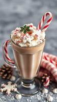 Delicious peppermint mocha topped with whipped cream and festive garnishes for the holiday season photo