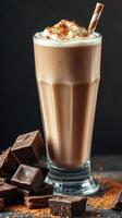 Delicious chocolate milkshake garnished with whipped cream and chocolate shavings in a clear glass photo