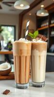 Refreshing coffee beverages served in tall glasses with whipped cream and chocolate accents at a cozy cafe photo