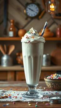 Creamy milkshake topped with whipped cream and sprinkles in a rustic kitchen setting photo