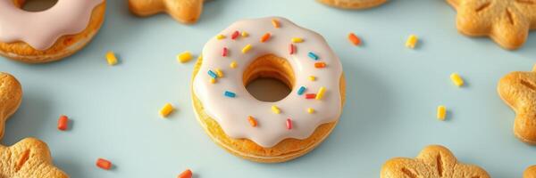 Colorful donuts and cookies arranged on a pastel background for a sweet treat display photo