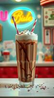 Indulging in a colorful milkshake topped with whipped cream and sprinkles at a retro diner photo