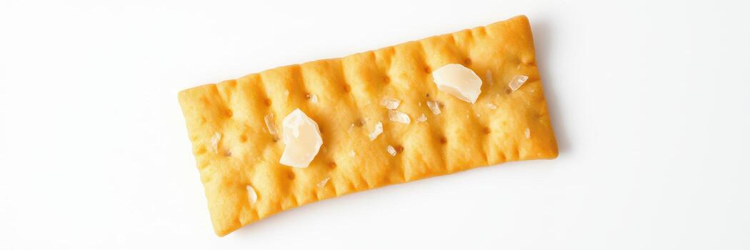 Crunchy cracker with sea salt flakes on a white background showcasing snack appeal and texture photo