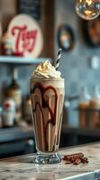 Delicious chocolate milkshake topped with whipped cream and syrup served in a retro glass in a cozy cafe setting photo