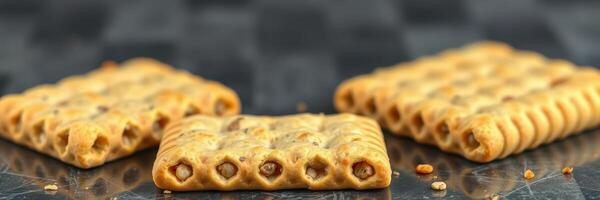 Freshly baked sweet pastries arranged on a dark slate surface with detailed texture and rich color photo