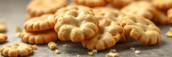 Crunchy snacks placed on a rustic surface surrounded by crumbs created during baking photo