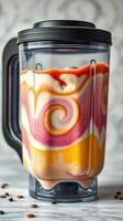Colorful smoothie preparation in a blender with vibrant swirls of fruit and yogurt photo