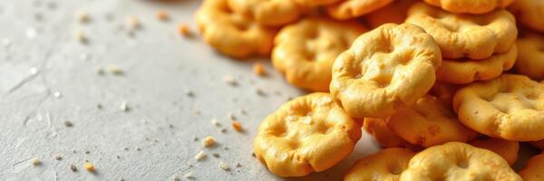 Crunchy golden snacks scattered on a light surface with sesame seeds in the background photo