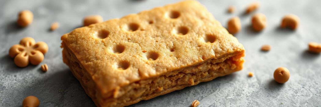 Delicious golden graham cracker resting on a stone surface with scattered crumbs nearby photo